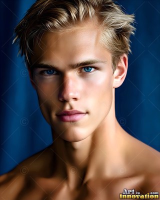 Looking forward, a blond man with bright blue eyes poses against a dark blue curtain
