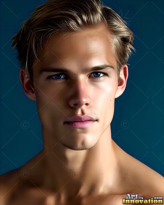 Young blond man with blue eyes looking forward on dark teal