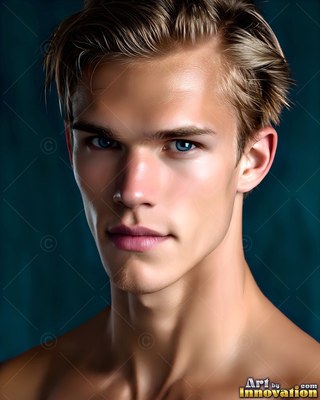 Short blond hair frames a bare-shouldered young man with blue eyes against a dark teal wall