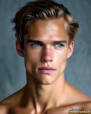 A young man turns his head slightly, his bright blue eyes lit by soft gray daylight