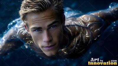 Gliding forward in deep blue water, a yellow-haired man with bright marks on his skin