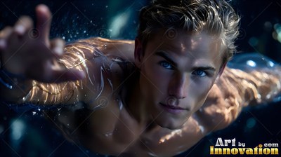 In dark water, a shirtless fair-haired man with blue eyes swims forward with an outstretched hand