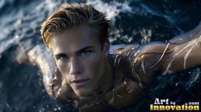 Swimming in dark ocean water, a fair-haired man looks up with pale lines across his wet skin