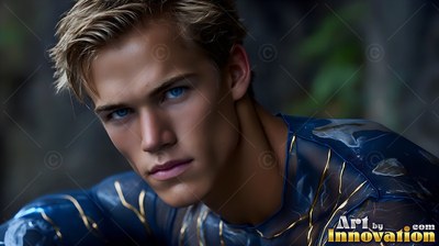 Blond blue-eyed man clad in a dark blue suit with gold lines outdoors