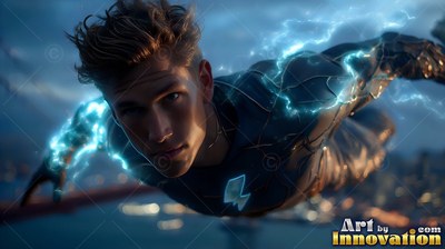 Crackling blue lightning wraps the dark suit of a young man flying over the city at dusk