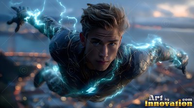 A younger man flies through the dusk sky with bright blue electrical bolts tracing his suit