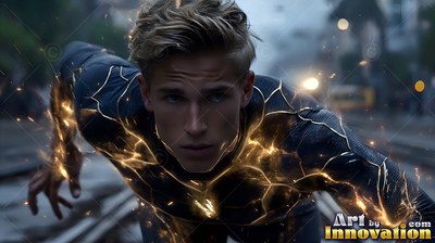 Crouched low on a city street, a fair-haired man wears a dark suit with yellow sparks