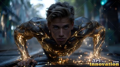 A shirtless man doing pushups on streetcar tracks with golden sparks along his arms