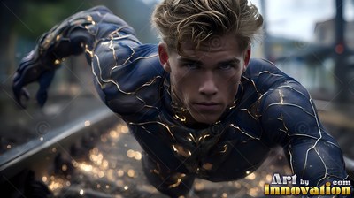 Over train tracks, a blond man in a dark blue suit flies low toward the camera