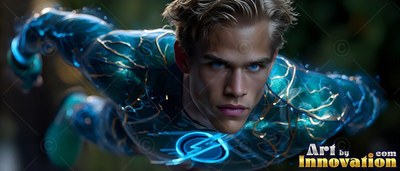 Flying through the air, a fair-haired man wears a teal suit patterned with blue electric arcs