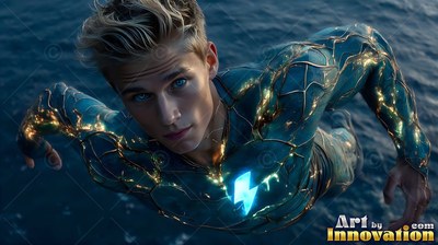 A blond man in his blue costume flies above dark water