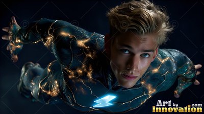 Bright yellow veins line the dark suit of a blond man flying through deep shadow