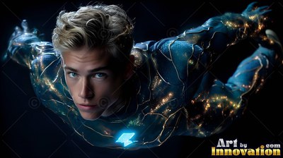 A young fair-haired man flies forward in a dark blue superhero suit laced with bright yellow light streaks