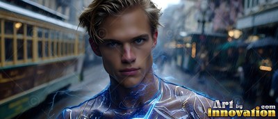 Facing forward, a blond man stands on a downtown street beside a cable car