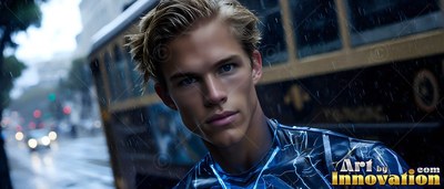 On a rainy downtown street by a cable car, a blond young man stands in a blue suit