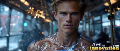 Standing inside a train car, a blond-haired man shows white light lines on his bare chest