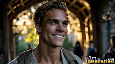 Blond hair swept back, a smiling youthful man walks with a backpack under an archway