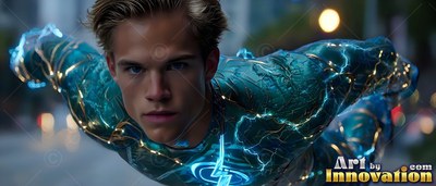 A blond younger man flies forward in a dark teal suit covered with bright electric lines