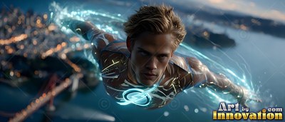 Flying face-down over the bay, a light-haired man trails bright blue light