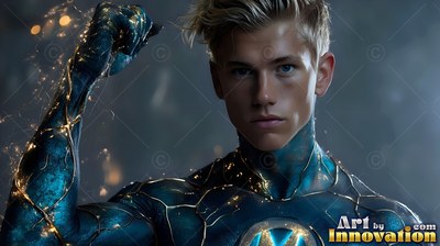 A blond young adult man raises his fist in a dark blue costume lined with gold cracks