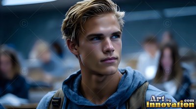 Sitting in class, a blond man wearing a blue hoodie looks aside with a backpack on