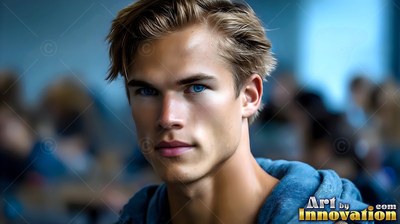 Blond youthful man dressed in a blue hoodie in a crowded room