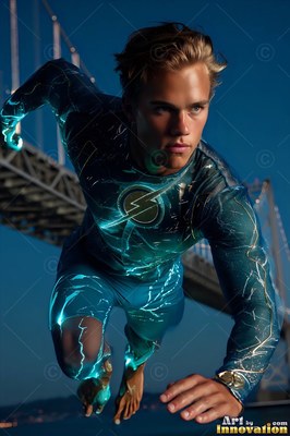 Wearing a blue lightning suit near the Bay Bridge at night, a young adult man dives forward
