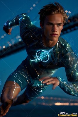 A young man flies forward at night over a bridge lit by bright crackling blue lightning bolts
