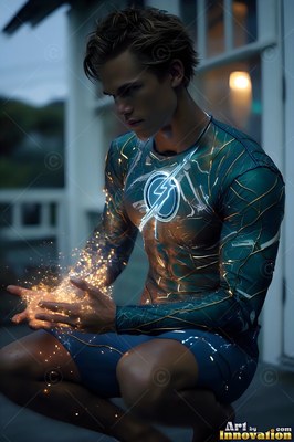 Crouching on a porch, a man in a teal suit holds bright sparks in his hands