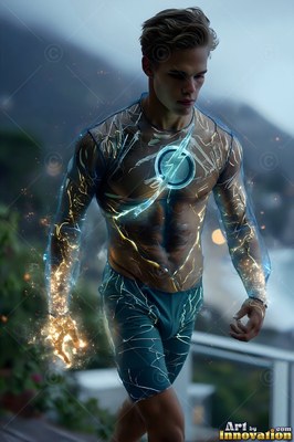 A blond-haired man in blue shorts walks along a balcony with sparks over his skin
