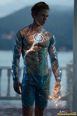 On a balcony, a young man wears a blue suit sparked with white light
