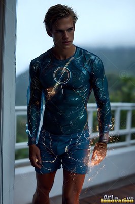 Standing on a balcony, a blond man wears a teal suit sparked with electric light