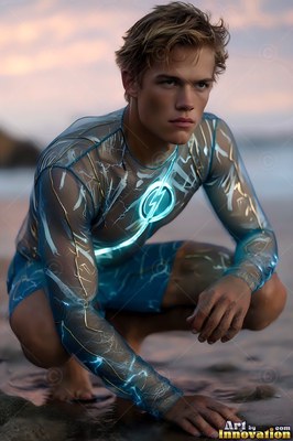 A younger man crouches on a wet sandy beach in a blue electric suit