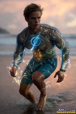 In a blue suit with lightning lines, a barefoot young man crouches on a wet sandy beach at dusk