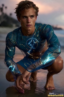 A young adult man crouches on wet sand, wearing a blue suit laced with bright yellow light