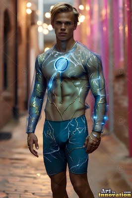 A blond young man stands in an alley wearing a blue electric suit