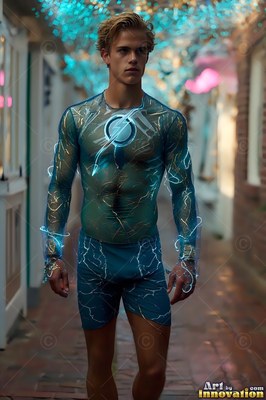 In an alley under blue lights, a blond man stands in an electric blue suit