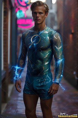 Standing in an alley at night, a blond man wears a blue superhero suit with lightning on his arms