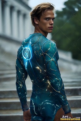 A lightning emblem shines on the teal suit of a young man on stone stairs