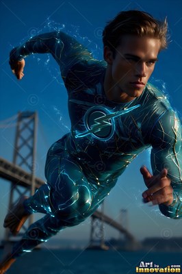 A man flies forward in a teal suit above a suspension bridge, bright blue lightning on his chest