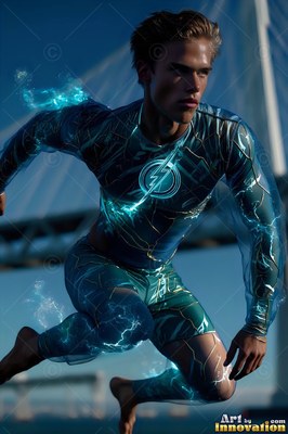 Leaping forward by a suspension bridge, a younger man wears a blue electric suit