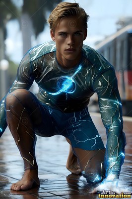 A barefoot blond-haired man kneels on a wet platform in a blue electrical bolts suit