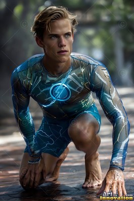 On a stone street, a yellow-haired man in his blue lightning suit crouches barefoot