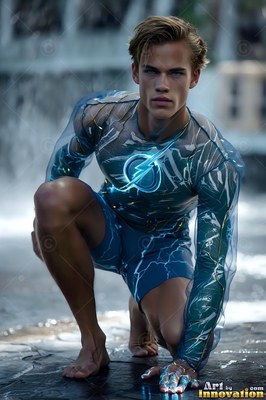 Crouching barefoot outdoors, a young man wears a blue suit patterned with lightning