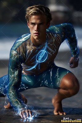 A yellow-haired man crouches barefoot on a beach in a blue superhero suit
