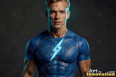 A blond man stands in a blue superhero suit marked with a bright lightning bolt