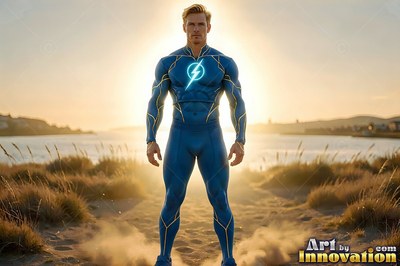 A fair-haired man in a blue supersuit stands on a dusty shore at sunrise