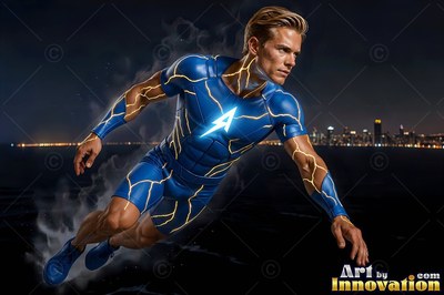 Flying through the night sky, a man in a blue electrical bolts suit dives over a city