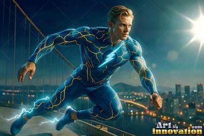 A yellow-haired man in a blue lightning suit leaps above a bridge
