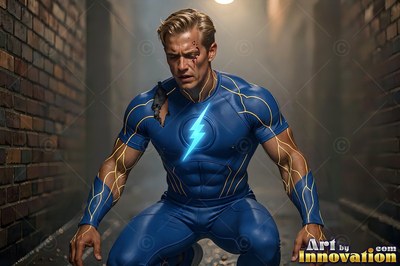 A bruised man crouches in a brick alley, a bright blue electric arcs bolt shining on his chest
